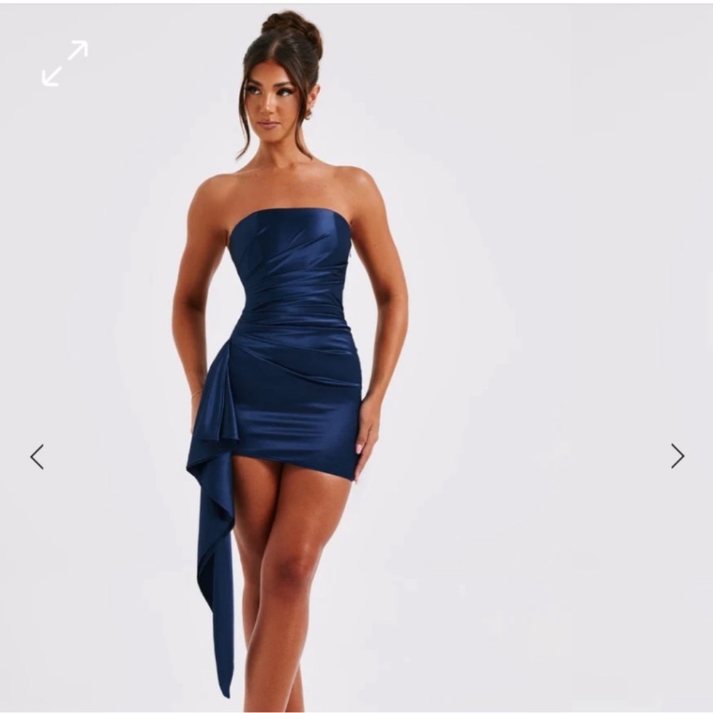 Navy Blue Satin Strapless Dress by Babyboo Fashion